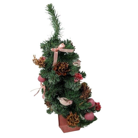 Miniature Christmas Tree In Red Basket W/ Pinecones Birds & Pink Ribbon Decor 20 - Picture 4 of 6